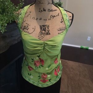 Bandolino Green Satin Halter Top w/Floral Detail